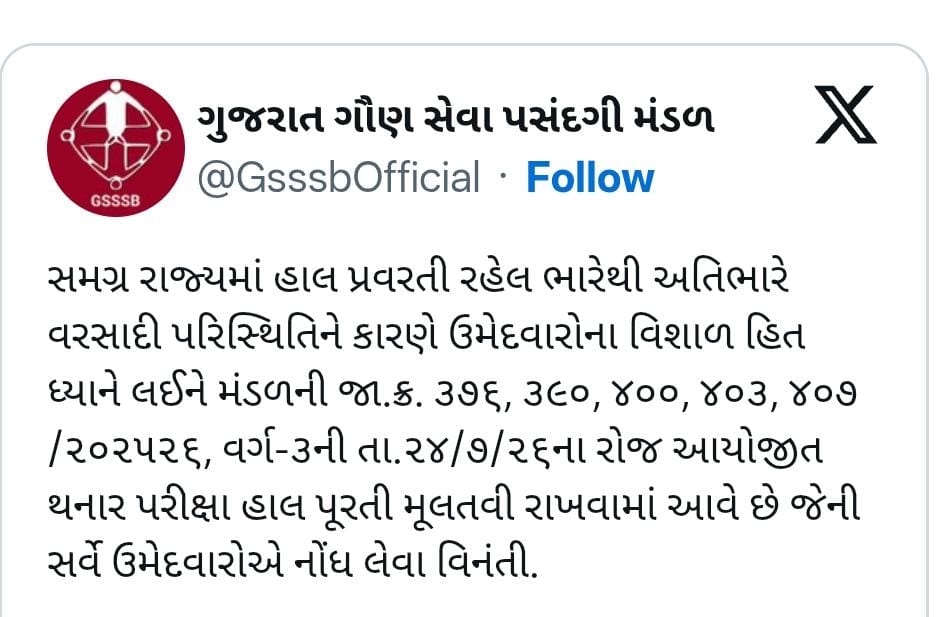 Exam Postponed : ભારે વરસાદને પગલે GSSSBની 6 પરીક્ષાઓ મોકૂફ, ઉમેદવારો માટે મહત્વની જાહેરાત 1 Exam Postponed : ભારે વરસાદને પગલે GSSSBની 6 પરીક્ષાઓ મોકૂફ, ઉમેદવારો માટે મહત્વની જાહેરાત